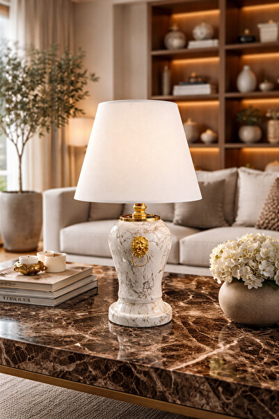 ferayhome Abajur Aydınlatma Şah Aslanlı Beyaz Gold Mermer Beyaz Şapka Gold - ...