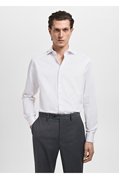 MANGO Man Kol düğmeli slim fit dimi kumaş gömlek