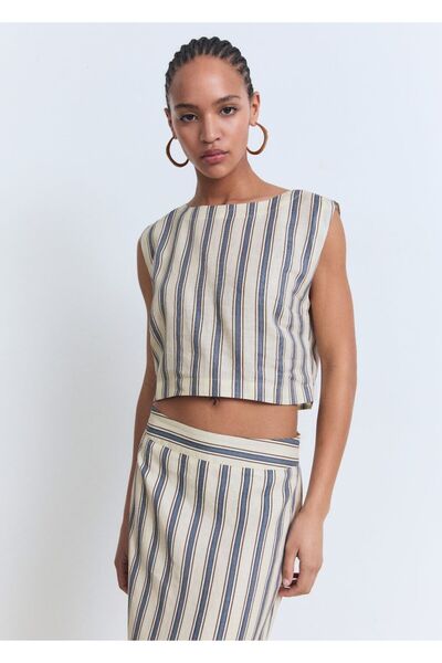 MANGO Woman Çizgili keten bluz