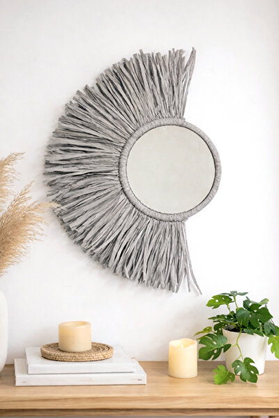 Bubihome Bohem Dekoratif Ayna Gri Rafya Ayna