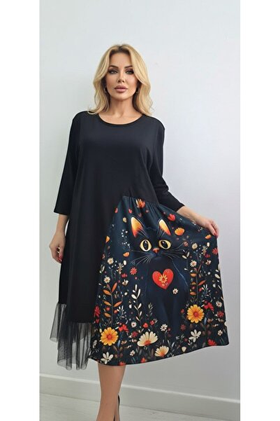 GLAMSI Cat-Print Dress with Lace Inserts