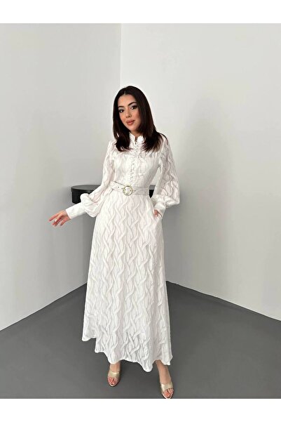 Lady Pixie Rochie lungă cu model auto-imprimat și detaliu cu curea