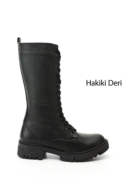 GÖNDERİ(R) Kadın Haki Antik Fermuarlı Kalın Topuklu Hakiki Deri Postal Çizme