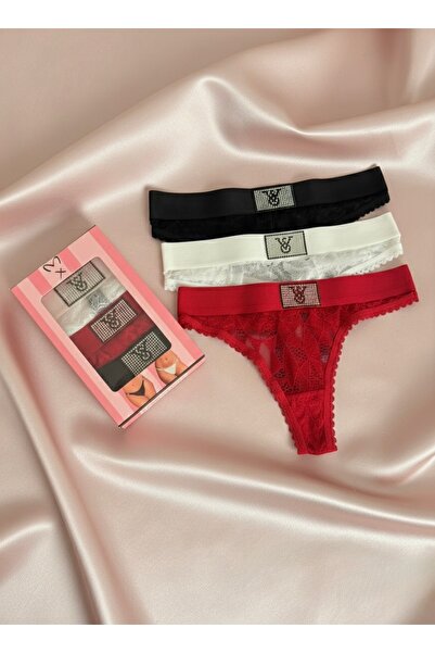 dorsha Pink Cadillac Taş Detaylı Dantelli Şık 3’lü Tanga Seti– Kırmızı, Siyah...