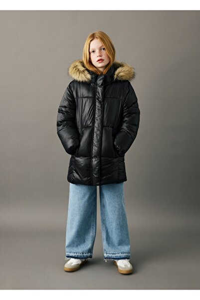 MANGO Kids Kapüşonu suni kürklü oversize anorak