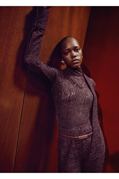 MANGO Woman Düz kesim dantel pantolon