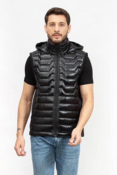 BOSS Erkek Logolu Fermuar Kapamalı Kapüşonlu Kolsuz Siyah Yelek 50517763-001