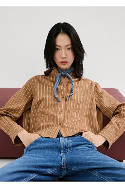 MANGO Woman Strass detaylı çizgili gömlek