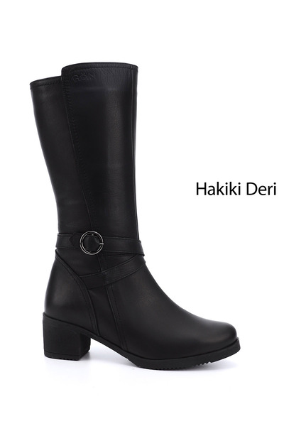GÖNDERİ(R) Kadın Siyah Fermuarlı Kalın Topuklu Hakiki Deri Çizme