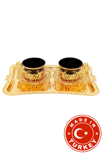 FARİKA طقم تقديم قهوة توليب سوداء لشخصين مع صينية (ذهبي) (صنع في تركيا) (صنع ...