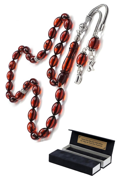 TESBİHCİBABA Baltık İncisi Kestane Harfli Püskül Damla Kehribar Tesbih