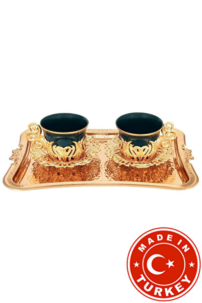 FARİKA طقم تقديم قهوة توليب الخضراء لشخصين مع صينية (ذهبي) (صنع في تركيا)