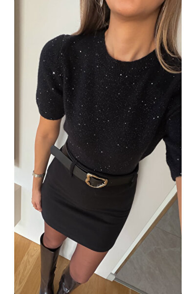 FEMMESTUDIO Cardigan tricotat cu mâneci scurte, negru, cu sclipici, pentru femei