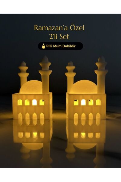 3DAKSESUAR Ramazan Cami Figürlü Biblo İkili Set Işıklı Pilli Mumluk Ev Aksesuarı