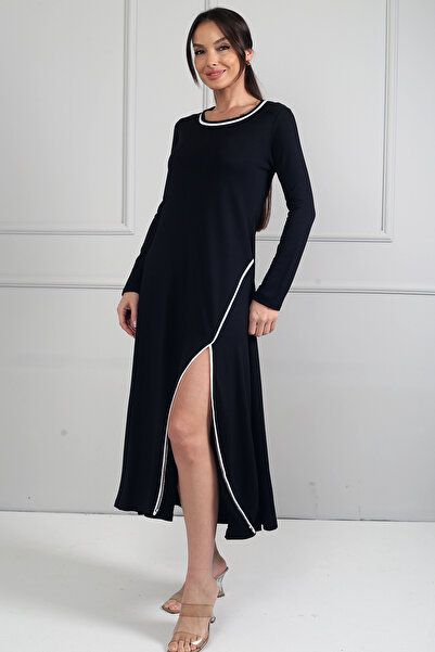 By Saygı Women's Front Slit Piped Detail Modal Long Dress
