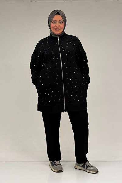 Eslina 47070 Büyük Beden Önü Taş Detaylı Modal Pantolonlu Takım - Siyah