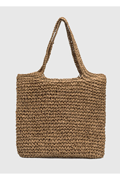 OGGO Hasır Örgü Saplı Fermuarlı Camel Omuz Çantası