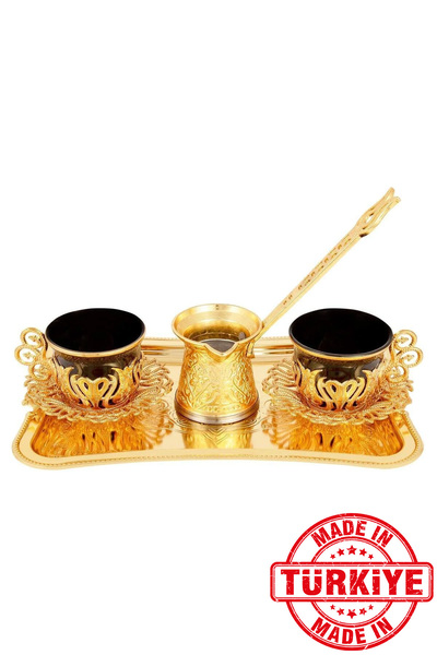 FARİKA طقم تقديم قهوة توليب سوداء لشخصين مع إبريق وصينية (ذهبي) (صنع في تركيا)