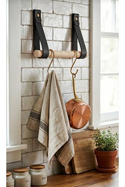 Bundera Black Leather and Wood Kitchen Bathroom Hanger Towel Rack Multi-Purpo...