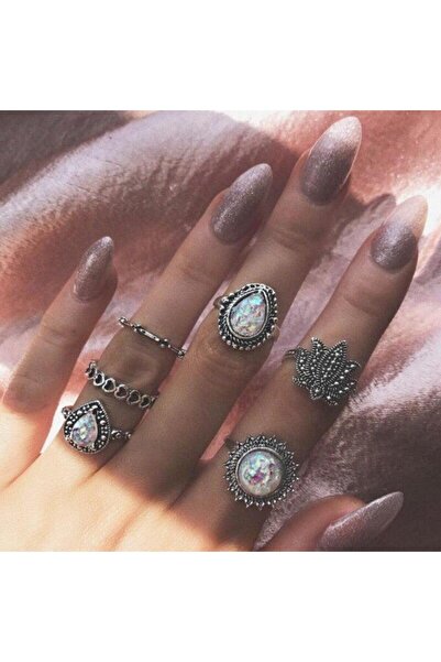 Pursehuit Set of 6 rings, silver-colored with stones, Aisa C2