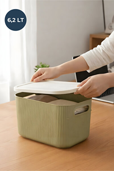HOMİNG Soft Yeşil Ekru Kapaklı Çok Amaçlı Kapaklı Organizer Kutu 6.2lt