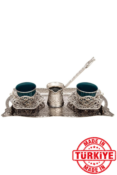 FARİKA طقم تقديم قهوة إليسا الخضراء لشخصين مع إبريق وصينية (أبيض) (صنع في تركيا)