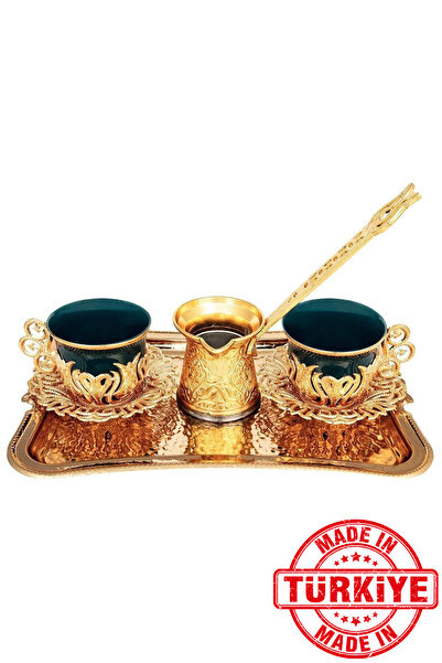 FARİKA طقم تقديم قهوة توليب الخضراء لشخصين مع إبريق وصينية (ذهبي) (صنع في تركيا)
