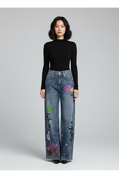 CATALEYA Women's blue jeans with rhinestones and graffiti print – high waist,...