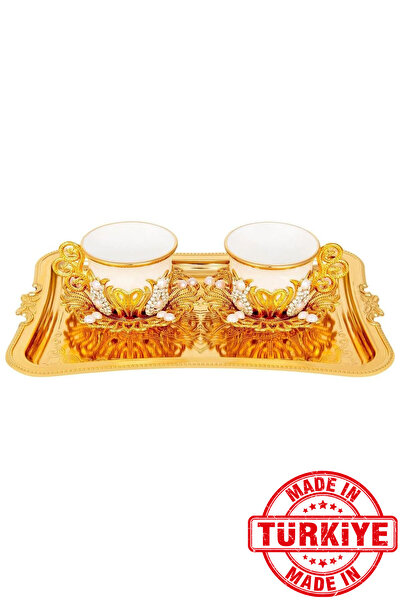 FARİKA طقم تقديم قهوة لشخصين بتفاصيل حجرية وصينية (ذهبي) (صنع في تركيا)