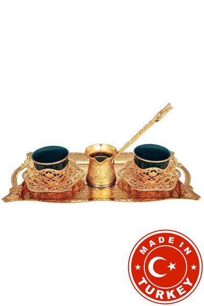 FARİKA طقم تقديم قهوة إليسا الخضراء لشخصين مع إبريق وصينية (ذهبي) (صنع في تركيا)