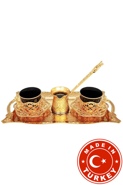 FARİKA طقم تقديم قهوة إليسا السوداء لشخصين مع إبريق وصينية (ذهبي) (صنع في تركيا)
