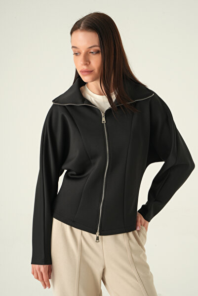 Rays Shirt Collar Zippered Cardigan Black 8366A