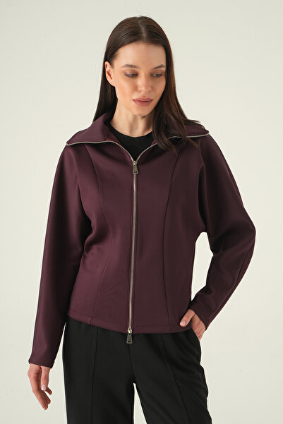 Rays Shirt Collar Zippered Cardigan Plum 8366A