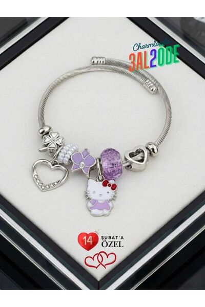 ZERİUM Modern Çelik Şık Kadın Charm Bileklik Kedicik ve Kalp