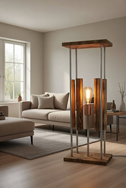 Tahta Kurdu Amber Köşe Lambası Lambader Rustik Aydınlatma