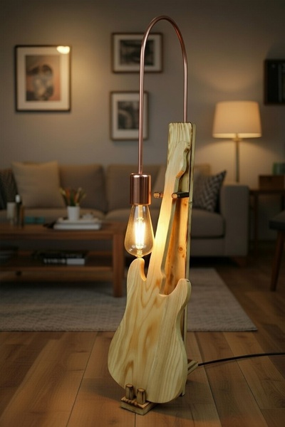 Tahta Kurdu Gitar Lambader Köşe Lambası Rustik Aydınlatma