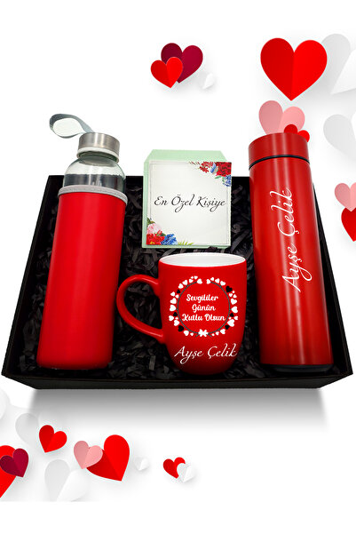 AS COMPANY Sevgililer Günü Temalı Kişiye Özel Kırmızı Kupa & Dereceli Termos ...