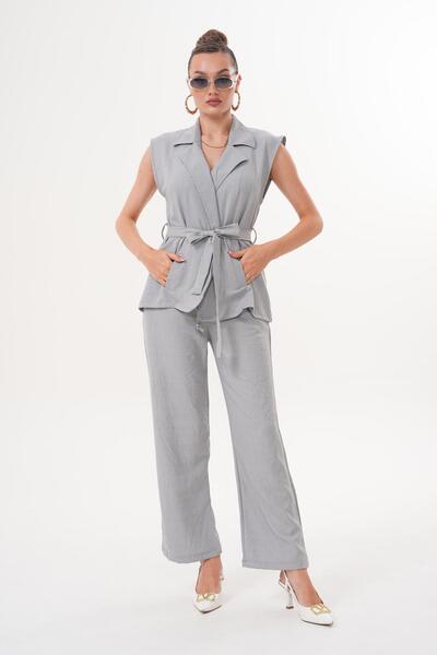 ŞİMAL Women's Jacket Collar Vest Set Linen Suit with Trousers 260014 -