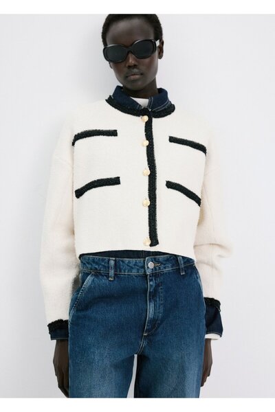 MANGO Woman Kontrast şeritli triko ceket