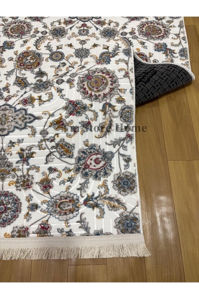 NaRStore Home Otantik Çiçekli Desen Saçaklı Mavi Krem Kaymaz Taban Yıkanabilir Kesme Yolluk Halı
