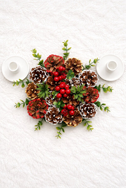 AŞIRCA Yılbaşı Masa Süsü Renkli Kozalak /2li şamdanlık set