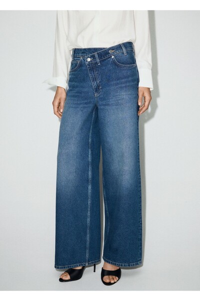 MANGO Woman Orta kruvaze bel wide-leg jean pantolon