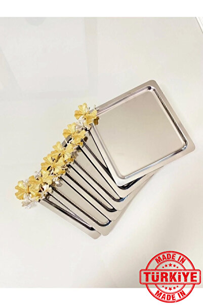 Kumsal Hediyelik Stainless Steel Square 6-piece Silver Coffee, Tea, Tray With...