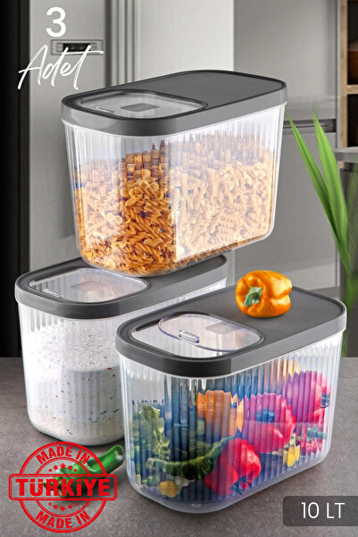 Kitchen Life علبة تخزين البقوليات الغذائية المخططة المكونة من 3 قطع سعة 10 لت...
