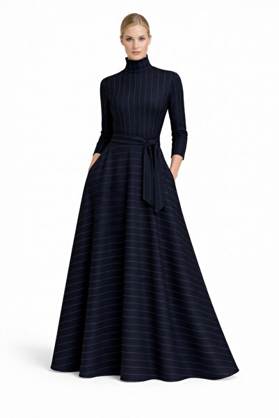 MERT ERKAN Uzun Kollu Lacivert Üzeri Çizgili Desenli Maxi Elbise (44 BEDEN)