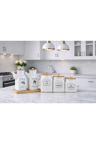 Kitchen Pembelia 6 Parça Bambu Standlı Kare Porselen 1000ml Yağdanlık Ve 3’lu...