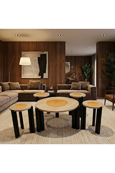 Almonfared طقم طاولات دائرية يتكون من طاولة وسط دائرية وأربع طاولات جانبية مت...