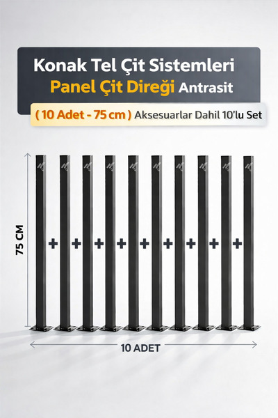 Konak Tel Çit Aksaray (10 ADET) Antrasit Bahçe Panel Çim Çiti Direği 75 cm Ak...