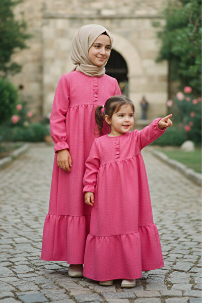 Betül Akbay Kız Çocuk Keten Elbise Mihri Model Uzun Tesettür Tam Boy Elbise