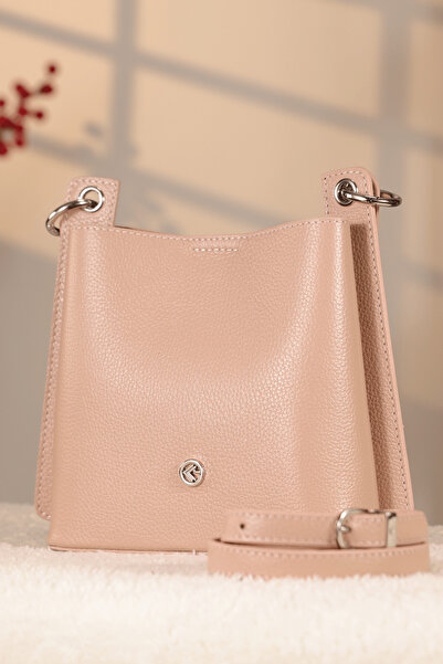 Aksesuarlia حقيبة جلد طبيعي ذهبية وردية - مع حزام للكتف وحقيبة مكياج داخلية